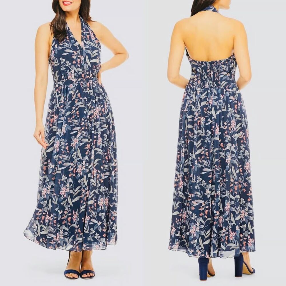 Gal Meets Glam Maxi Dress Womens 4 Navy Floral Halter Smocked Back Cottagecore